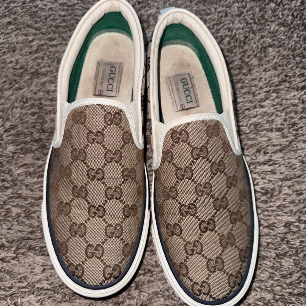 Gucci Beige/Brown GG Canvas Slip-On Sneakers with White Trim